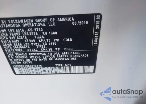 2019 Volkswagen Atlas 3.6L V6 Se W/Technology z USA, uszkodzony, nr VIN 1V2UR2CA2KC579676